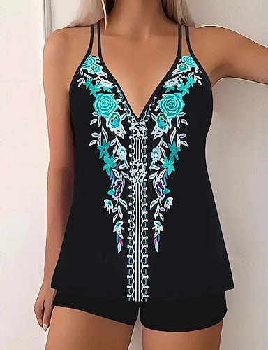 Swimwear 2 Piece Shorts Swimsuit Backless Vacation Beach Wear Graphic V Neck Sleeveless Bathing Suits