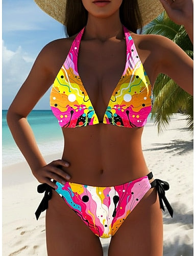 Bikini 2 Piece Swimsuit Cheeky Slim Backless Vacation Beach Wear Graphic Geometric V Neck Sleeveless Bathing Suits