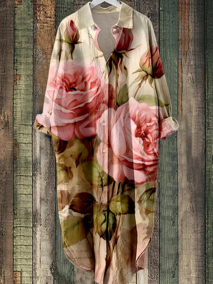 ER | Abito midi abbottonato con stampa floreale