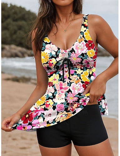 Tankini 2 Piece Swimsuit Palm Boy Leg Backless Tummy Control High Waist Slim Vacation Beach Wear Color Block U Neck Sleeveless Bathing Suits