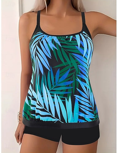 Tankini 2 Piece Swimsuit Leopard Shorts Tummy Control High Waist Slim Backless Vacation Beach Wear Leaves Scoop Neck Sleeveless Bathing Suits