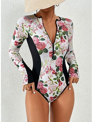 Swimwear One Piece Monokini Swimsuit Tummy Control High Waist Slim Vacation Beach Wear Round Neck Long Sleeve Bathing Suits