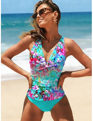 Tankini 2 Piece Swimsuit Slimming Ruched Shorts Lace Up Backless Vacation Beach Wear Ombre V Neck Sleeveless Bathing Suits