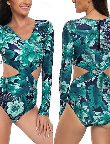 Rash Guard One Piece Swimsuit Printed Cut Out Uv Sun Protection Quick Dry Lightweight Long Sleeve Bodysuit Bathing Suit Surfing Beach Water Sports Summer