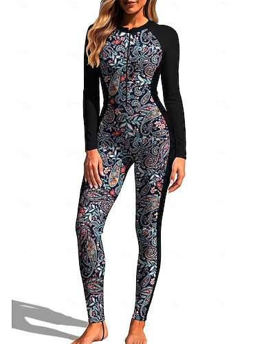 Medium Rash Guard Full Body Rash Guard One Piece Surfing Suit Paisley Folk Zip Up With Built in Bra Front Zip Uv Sun Protection Full Coverage Upf50+ Long Sleeve Full Body Swimwear Bodysuit