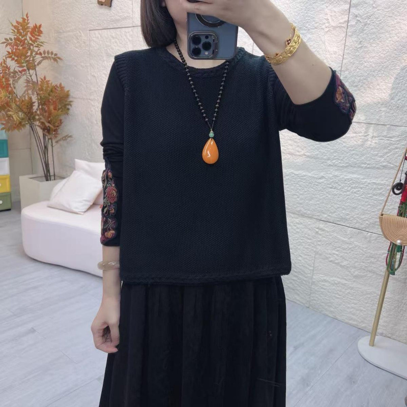 Cappotto-maglione nero estetico, taglia forte, top in maglia senza maniche, girocollo