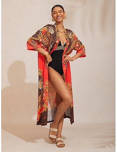 Scarlet Tigress Silky Satin Straight Maxi Cover Up