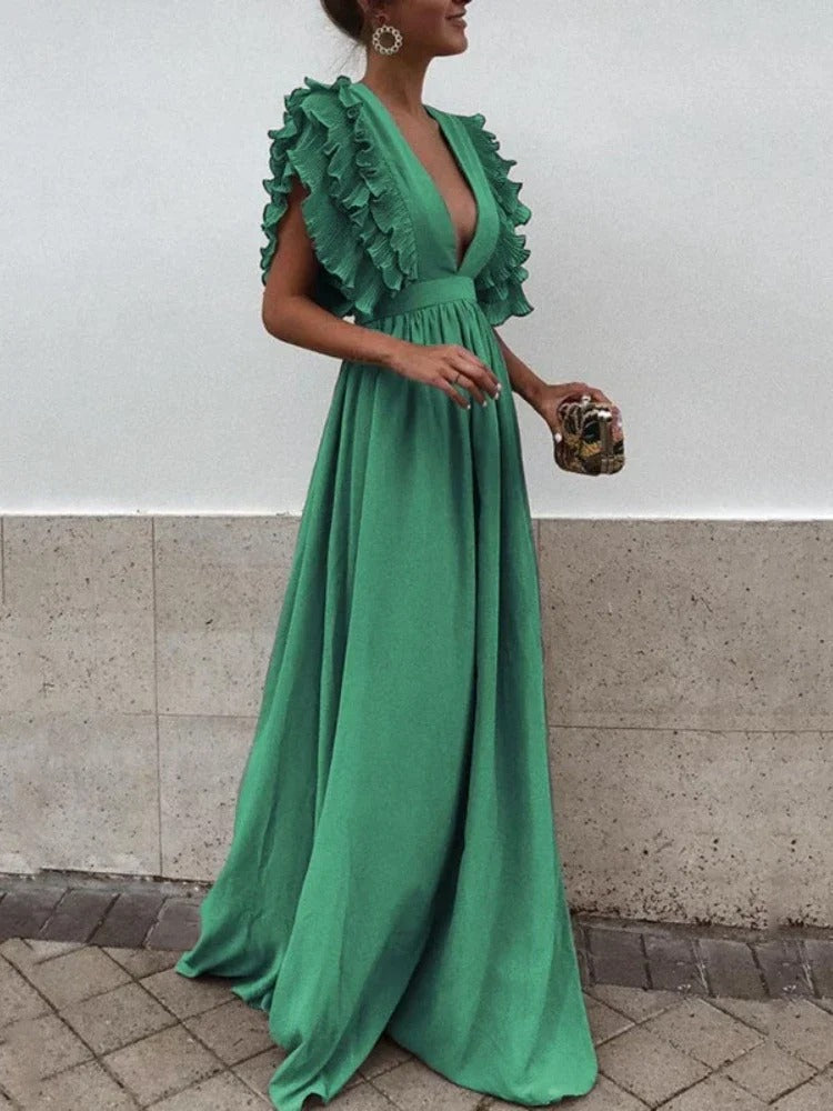ER | Abito elegante con scollo a V e maniche arricciate
