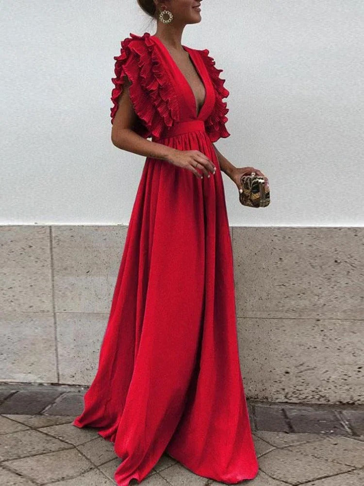 ER | Abito elegante con scollo a V e maniche arricciate