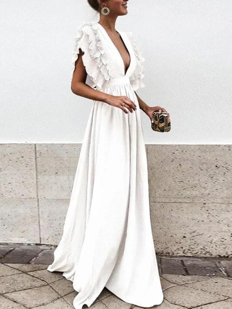 ER | Abito elegante con scollo a V e maniche arricciate