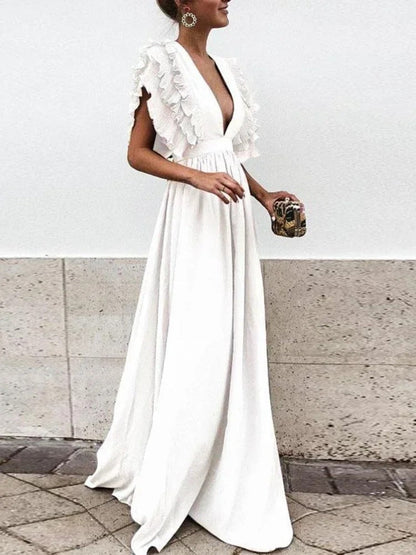 ER | Abito elegante con scollo a V e maniche arricciate