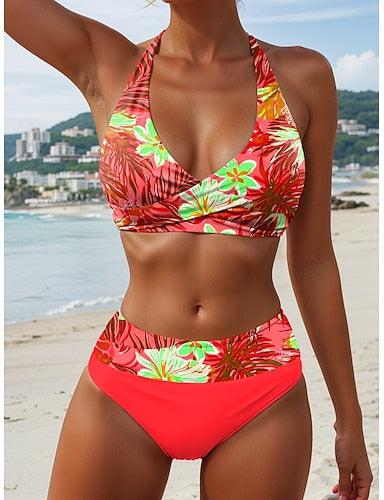 Swimwear Bikini Cheeky Swimsuit Vacation Graphic V Neck Sleeveless Bathing Suits