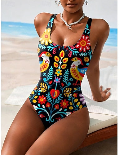 Swimwear One Piece High Cut Swimsuit Beach Wear Summer Graphic Geometic U Neck Sleeveless Bathing Suits