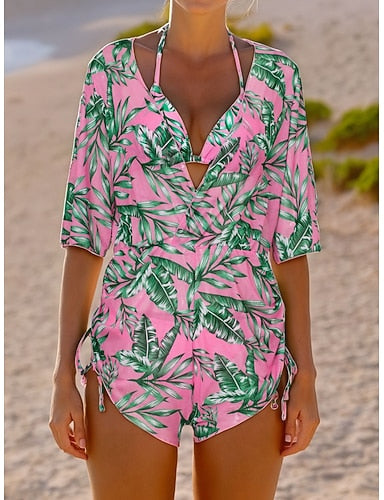 Bikini 3 Piece Swimsuit High Waist Slim Vacation Beach Wear Leaves V Neck Sleeveless Bathing Suits