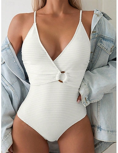 One Piece Swimsuit Slimming Cutout Monokini Tummy Control High Waist Slim Backless Vacation Beach Wear Color V Neck Sleeveless Bathing Suits