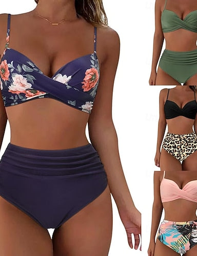 Bikini 2 Piece Swimsuit Ruched Underwire Briefs Slim Backless Vacation Beach Wear Graphic V Neck Sleeveless Bathing Suits