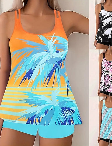 Tankini 2 Piece Swimsuit Palm Shorts Tummy Control High Waist Slim Backless Vacation Beach Wear Color Block U Neck Sleeveless Bathing Suits