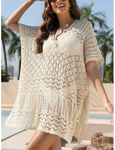 Cover Up Swimsuit Dress Cut Out Knit Vacation Beach Wear Color V Neck Short Sleeves Bathing Suits