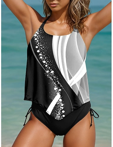 Tankini 2 Piece Swimsuit Cheeky Backless Vacation Beach Wear Ombre Graphic U Neck Sleeveless Bathing Suits