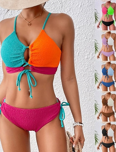 Standard Surfing Tankinis & Bikinis Bikini Sets Bathing Suit Color-blocking Drawstring Open Back Shirred Uv Protection Elastic Sleeveless Swimwear Surfing Diving Swimming Summer