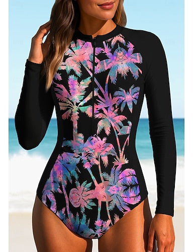 Rash Guard Dive Skin Suit Bathing Suit Athletic Swimwear Tropical Zip Up Upf50+ Quick Dry Lightweight Long Sleeve Swim Shirt Surfing Beach Water Sports Summer