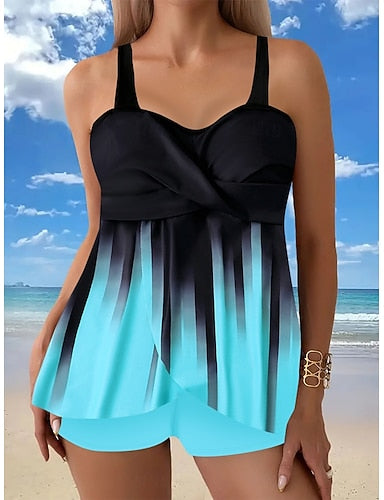 Tankini 2 Piece Swimsuit Shorts Tummy Control High Waist Slim Backless Vacation Beach Wear Ombre Striped V Neck Sleeveless Bathing Suits