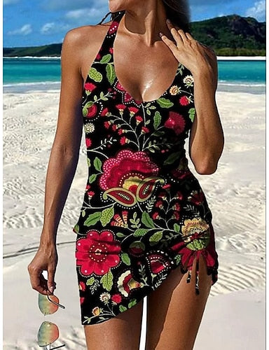 Swimwear Tankini Skirt Swimsuit Vacation Graphic V Neck Sleeveless Bathing Suits