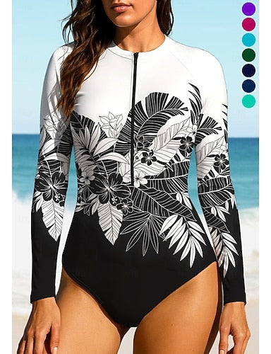 Rash Guard Dive Skin Suit Bathing Suit Athletic Swimwear Tropical Zip Up Upf50+ Quick Dry Lightweight Long Sleeve Swim Shirt Surfing Beach Water Sports Summer